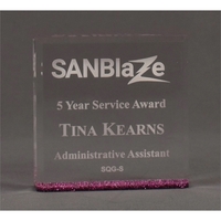 5"W x 5"L acrylic award with glued glitter square on bottom... from ASI 45430...