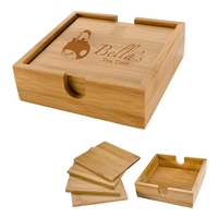Bamboo coaster set measuring 4" x 4" for protecting tabletops from... from...