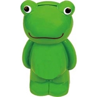 Plastic green frog shaped coin bank with top slot for inserting... from ASI...