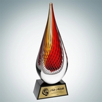 Art Glass Red Orange Narrow Teardrop Award - Gold Plate