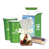 Jelly beans, popcorn, and two cups in a custom gift box.... from ASI 61125...