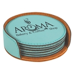 Teal Leatherette Round Coaster Set