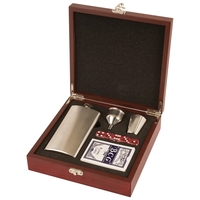8.25" x 8.25" laser engraved flask, cards, and dice gift set.... from ASI...