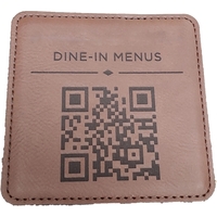 4" x 4" premium laser engraved leatherette QR Code coasters.... from ASI...