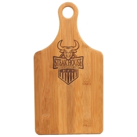 7" x 13.5" laser engraved paddle shaped bamboo cutting boards.... from ASI...