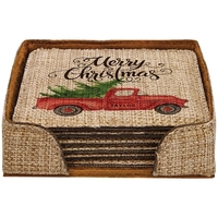 4" x 4" printed square burlap coaster set and holder.... from ASI 92531...
