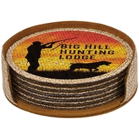 4" x 4" printed round burlap coaster set and holder.... from ASI 92531 Unique...