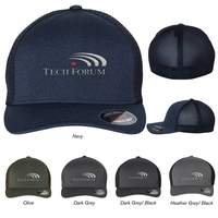 Polyester five-panel trucker-style cap with mesh back, pre-curved visor and...