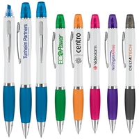 Combination ballpoint and highlighter pen with curvaceous shape and color...