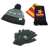 Kit with texting gloves, pom pom beanie, and a sublimated scarf... from ASI...