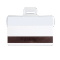 Credit-card-size badge holder's unique design allows magnetic stripe cards to...