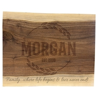 An 11.5" x 8.75" black walnut cutting and charcuterie board made... from ASI...