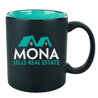 11 oz. ceramic mug with C-handle, matte black exterior and aqua... from ASI...