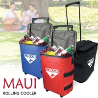 36-Can rolling cooler with adjustable shoulder straps, side pockets, and...