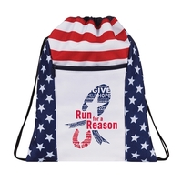 Patriotic drawstring bag. Features front zipper pocket with patriotic...