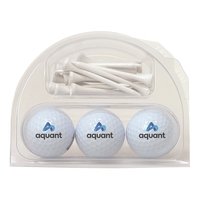 Clamshell container with three TaylorMade Distance Plus golf ball and...