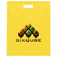 2.5 mil. low-density plastic bag with reinforced die cut handles.... from ASI...