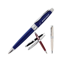 Twist action ballpoint pen with coordinated silver tip, middle ring, clip......