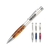 Ballpoint pen with shiny chrome accents and colorful swirl resin barrels.......