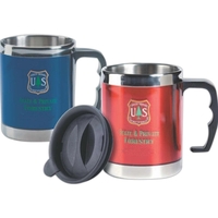 Colorful insulated mug with translucent plastic exterior and black handle.......