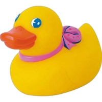 Pretty rubber duck squeaking toy with pink bow, balanced for floating.......