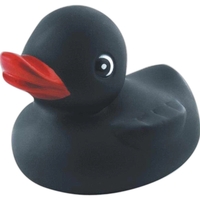 Rubber squeaking black duck toy, balanced for floating.... from ASI 31977...