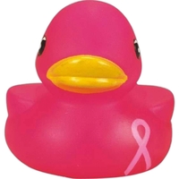 Pink squeaking rubber duck toy with pink "Awareness" ribbon, balanced for......