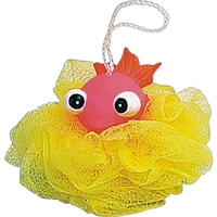 Pink rubber squeaking fish toy on yellow shower puff net.... from ASI 31977...