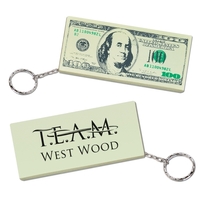 One-hundred dollar bill shaped stress reliever with key chain attachment....