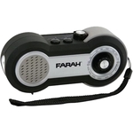 Dynamo-powered splashproof AM/FM radio with LED flashlight