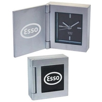 Solid cast aluminum flip open desk clock with alarm, square shape.... from...