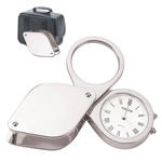 Silver Travel Alarm Clock with Magnifier and Case
