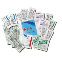First Aid Kit contains wipes, burn gel, bandages, ointment, cream, lip......