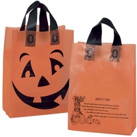 Orange frosted plastic bag with black soft-loop handles and stock pumpkin......