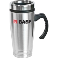 16 oz stainless steel travel mug with plastic liner. Self striped... from ASI...