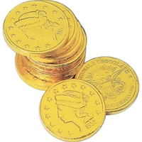 Dollar size chocolate coin wrapped in gold foil with Liberty/US emblem......