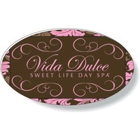 Oval shaped plastic magnetic badge with magnetic clip attached. Full color......