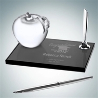 Clear molten glass apple, silver pen and black smoked glass base... from ASI...
