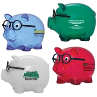 Piggy bank with black eyeglasses and a twist-off plug on bottom.... from ASI...