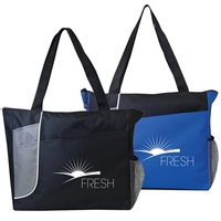 600D Polyester tote bag with zippered main compartment, large front slip......