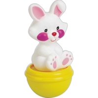 Rubber rabbit shape toy sitting on rounded plastic bottom.... from ASI 57705...