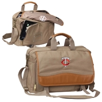 16 oz. canvas, leatherette, secures 17" laptop, dual carry handles.Holds...