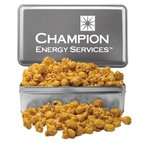 Large rectangle tin filled with freshly popped caramel popcorn. Our...