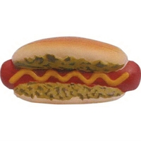 Stress reliever in hot dog shape with roll, relish and mustard.... from ASI...