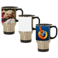 14 oz Stainless Steel Travel Mug w/ White Imprint Patch