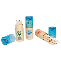 Twelve coloring wood pencils in a recycled cardboard box. Integrated...