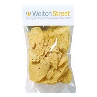 Customizable clear header bag filled with tortilla chips, 2 oz.... from ASI...