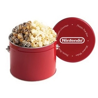 Half-gallon tin with handle that's filled with kettle corn popcorn and......
