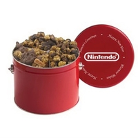 Half-gallon tin with handle filled with candy bar-inspired gourmet popcorn...