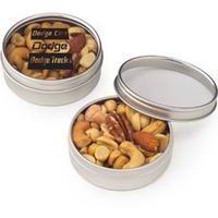 Small round designer window tin filled with mixed nuts.... from ASI 71685...